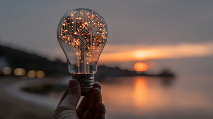 Light Bulb with Circuit Design Against Sunset Over Calm Water