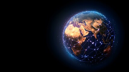 The image shows a digital rendering of the Earth, enveloped in a network of glowing lines and nodes, representing global connectivity.