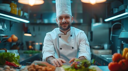 A confident male chef in a stylish modern kitchen