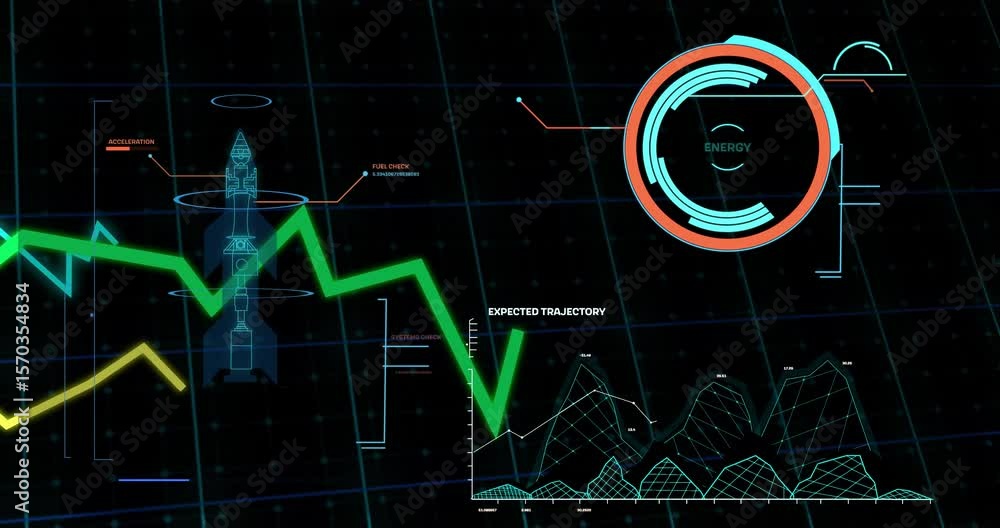 Poster opening fluctuating graphs rotating rocket blueprint updating trajectory showing launch progress