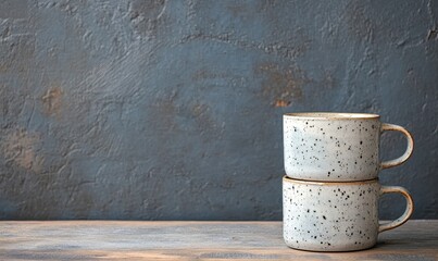 Two white coffee cups with black spots sit on a wooden table