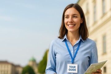 Young Female Tour Guide Smiling While Holding Map and Standing in Front of Historical Building on a Sunny Day