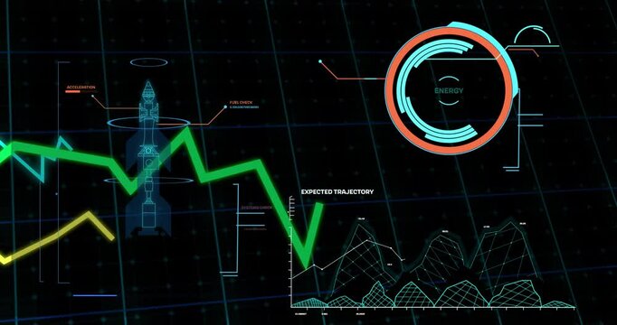 Opening fluctuating graphs rotating rocket blueprint updating trajectory showing launch progress