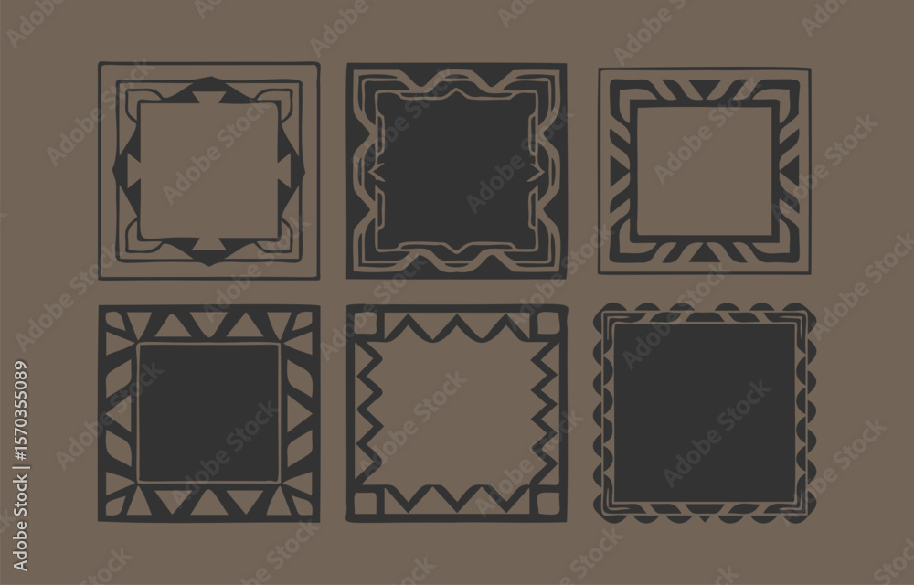 Poster a collection of six distinct hand drawn square frames or borders with unique geometric and organic p