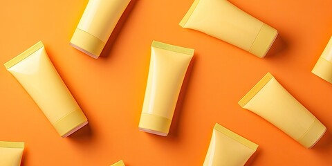 A row of yellow tubes of lotion are arranged on an orange background