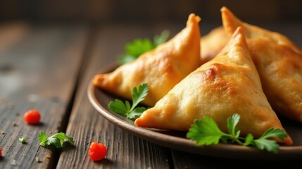 Delicious golden-brown pastries served on a rustic wooden table, garnished with fresh herbs