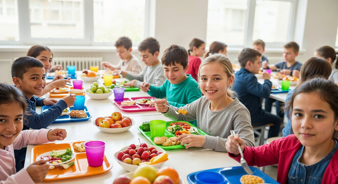 Happy children eating healthy food in school cafeteria