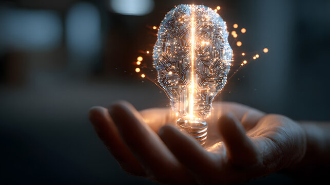 Innovative Light Bulb with Neural Network Concept in Human Hand