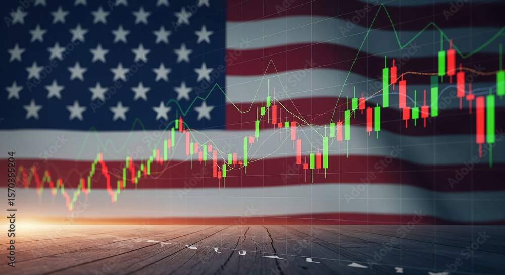 Poster stock market data showing on a waving american flag background