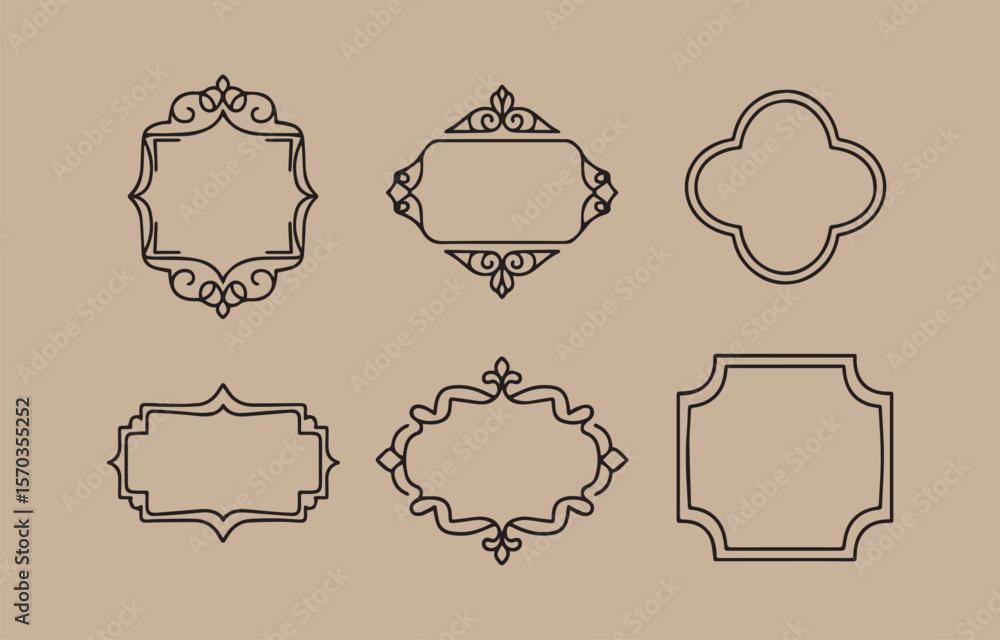 Poster a collection of six decorative ornamental frames and borders in a simple black line art style on a n