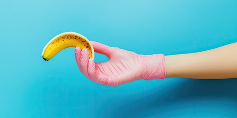 A person is holding a banana in a pink glove