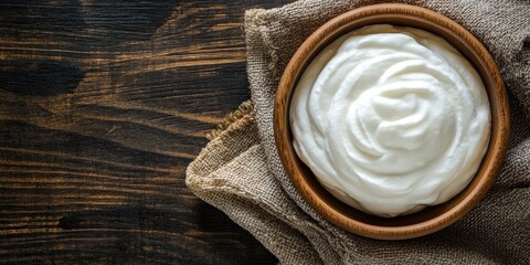 A bowl of white cream is sitting on a wooden table