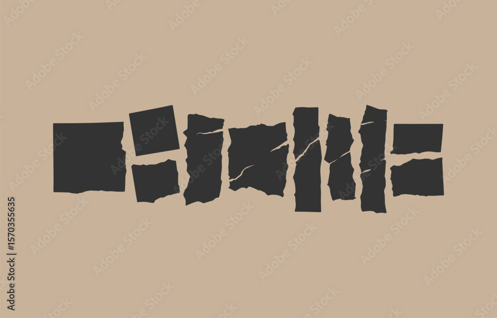 Poster A horizontal line of fragmented dark gray shapes with torn edges and cracks on a light tan background representing broken pieces or a distressed texture