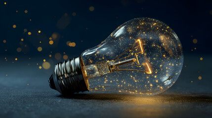 Shimmering Light Bulb with Glittering Particles in Dark Background