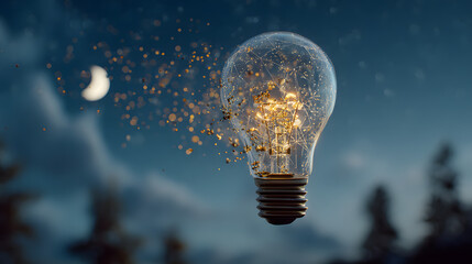 Floating Light Bulb with Sparks Against Night Sky Background