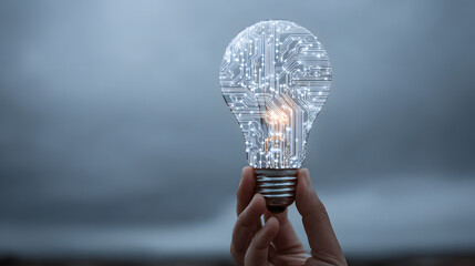 Futuristic Light Bulb with Circuit Design and Soft Gray Background