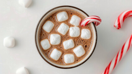 Festive peppermint hot cocoa with marshmallows and candy cane