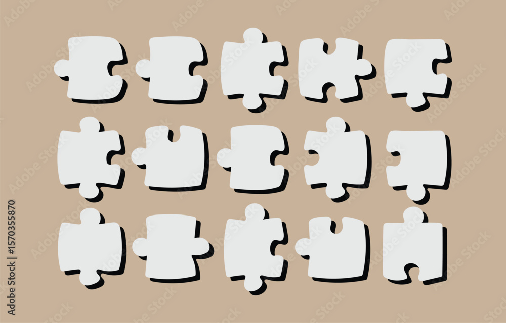 Poster a collection of white puzzle pieces with black outlines and shadows arranged in three rows on a neut