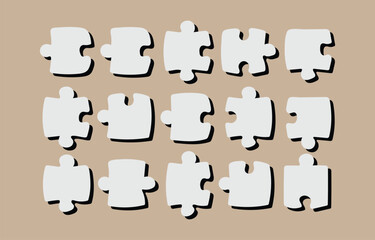 Naklejka premium A collection of white puzzle pieces with black outlines and shadows arranged in three rows on a neutral beige background symbolizing connection and completion