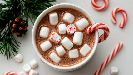 Festive peppermint hot cocoa with marshmallows and candy cane
