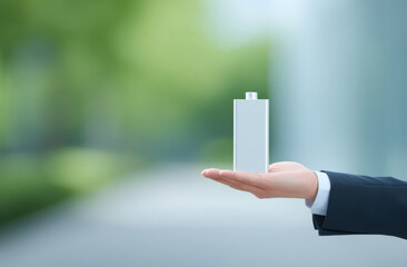 Person holds white battery in business setting, showcasing innovation and technology. blurred background adds modern touch