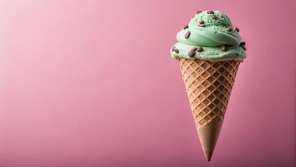 Mint Chocolate Chip Ice Cream in Cone on Pink