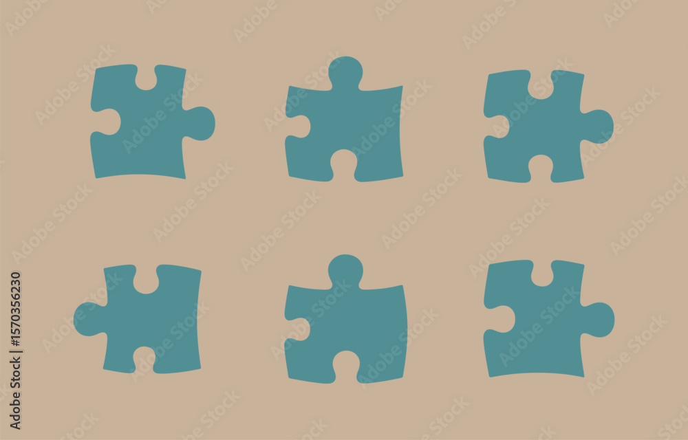 Poster six teal colored puzzle pieces are arranged in two rows of three against a muted beige background sy