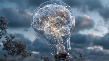 Futuristic Brain Concept Illuminated in Light Bulb with Networks