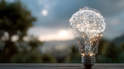 Innovative Brain Concept Represented by Light Bulb with Neural Network