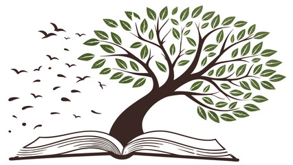 Tree of knowledge growing from book with birds flying away education and learning concept illustration vector