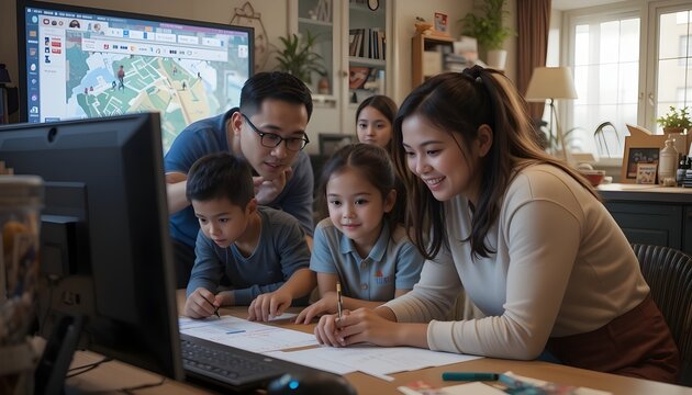 Family participating in a collaborative educational video game.
