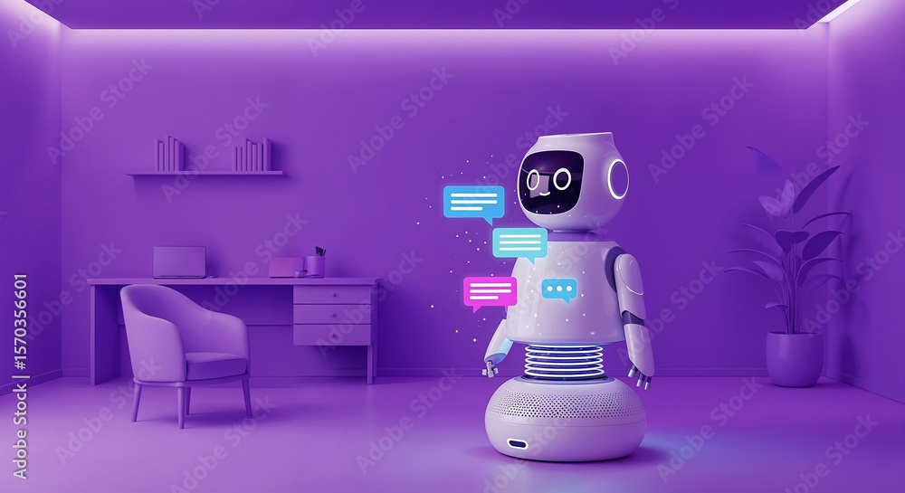 Poster cute robot displaying chat messages in modern purple room
