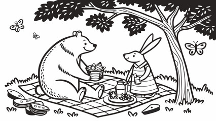 Obraz premium Bear and rabbit having a picnic coloring page for kids fun activity and relaxation printable art therapy project