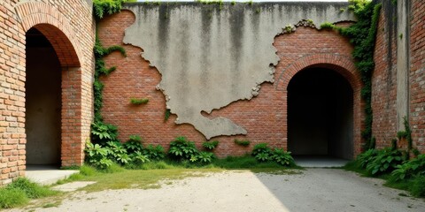 Architectural detail of aged brickwork with arched entryways and weathered concrete features, nestled amidst vibrant greenery