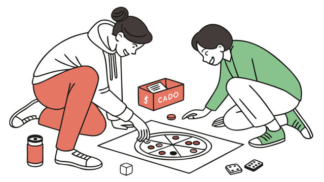 Illustration of friends playing cado board game together at home for fun and entertainment activity time 100