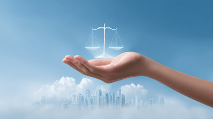 Hand holds scale symbolizing justice against backdrop of city skyline and clouds, evoking sense of balance and fairness