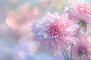 Fototapeta premium Close up of a pink dahlia flower with soft light and bokeh in the background. Floral beauty concept.