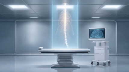 A medical technology showcases holographic spine above sleek examination table sterile environment, evoking sense