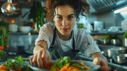 A passionate female chef in a modern eco-friendly environment 