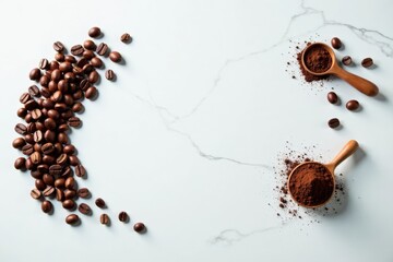 Aromatic Coffee Beans and Ground Coffee in Wooden Spoons on Marble Surface