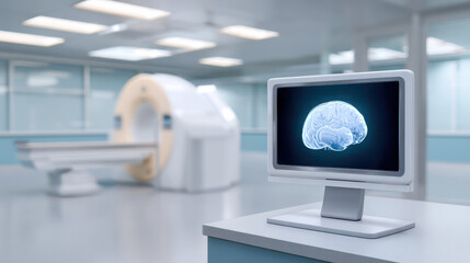 Modern medical facility featuring computer displaying brain scan alongside MRI machine, symbolizing advanced healthcare