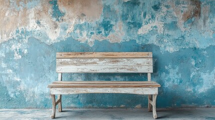 Rustic charm captured: A weathered bench against a textured blue wall backdrop