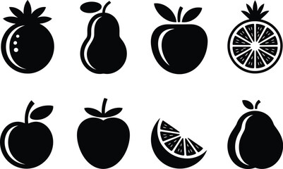 Illustration of various fruits including tomato pear apple and orange in black color