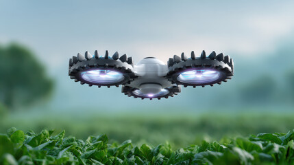 Futuristic drone hovers above lush green field, showcasing advanced technology and design. drone features unique wheel like