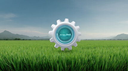 Futuristic gear symbol stands prominently in lush green field, symbolizing innovation and technology in harmony with nature