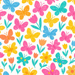 Colorful butterflies and tulips in a cheerful, repeating pattern.