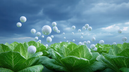 Lush green cabbage leaves under dramatic sky with floating bubbles, creating serene and vibrant atmosphere