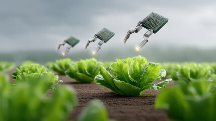 Innovative robotic technology tending to vibrant lettuce crops in lush agricultural field, showcasing future of farming