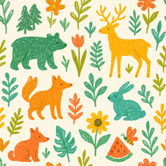 Whimsical illustration of various forest animals and floral elements on a cream background.