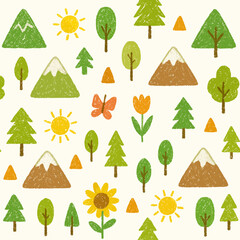 Simple, colorful crayon drawings of nature elements, including mountains, trees, sun, flowers, and a butterfly, create a repeating pattern on a white background.